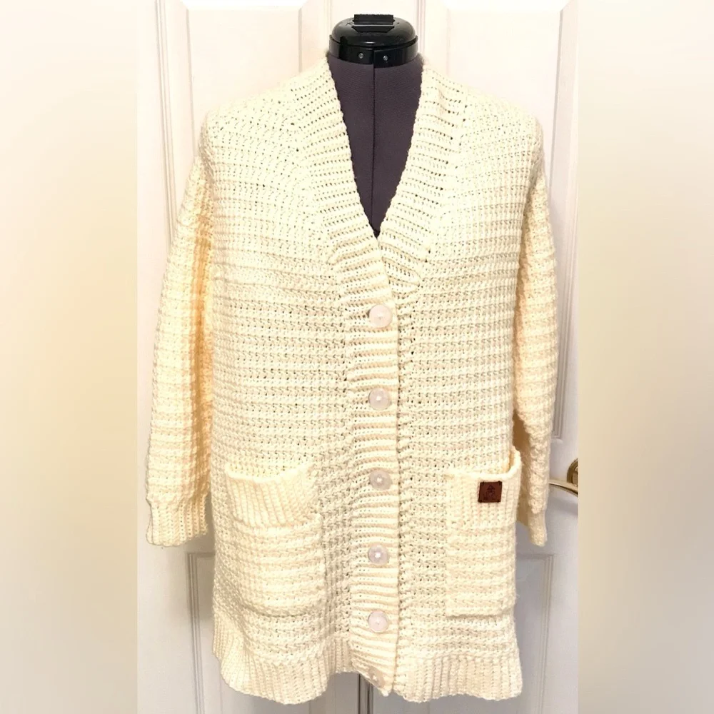 Hand-Made Crocheted Ivory Chunky Knit Cardigan Sweater